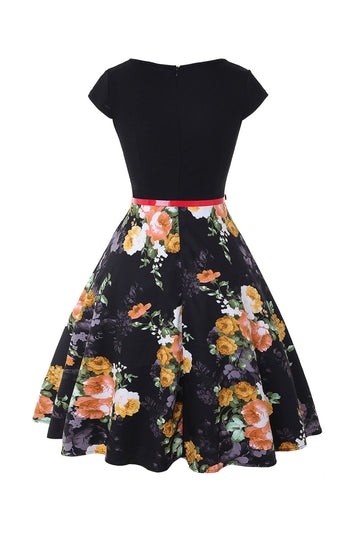 Flor Estampado Preto 1950s Vestido Com Cinto